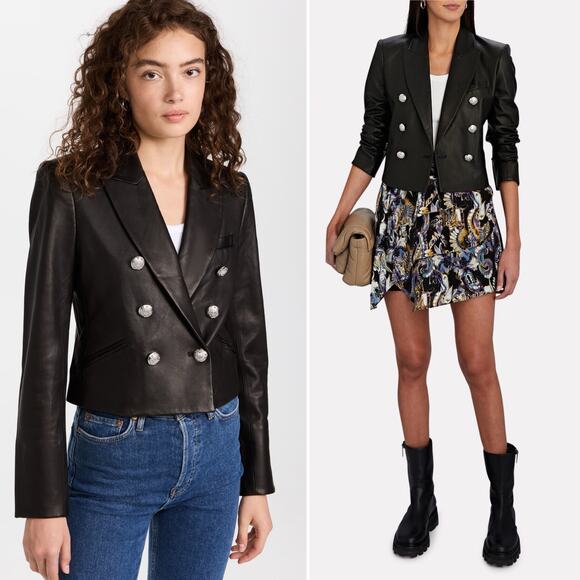 Veronica Beard Nevis Lamb Leather Blazer Jacket Cropped Black Silver Size 10 - Picture 1 of 10
